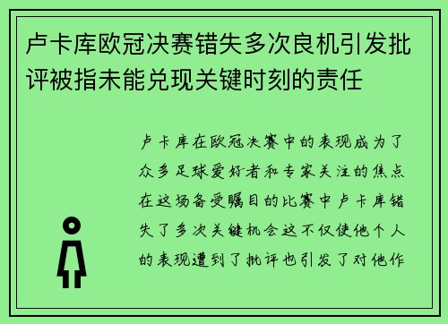 卢卡库欧冠决赛错失多次良机引发批评被指未能兑现关键时刻的责任