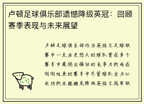 卢顿足球俱乐部遗憾降级英冠：回顾赛季表现与未来展望