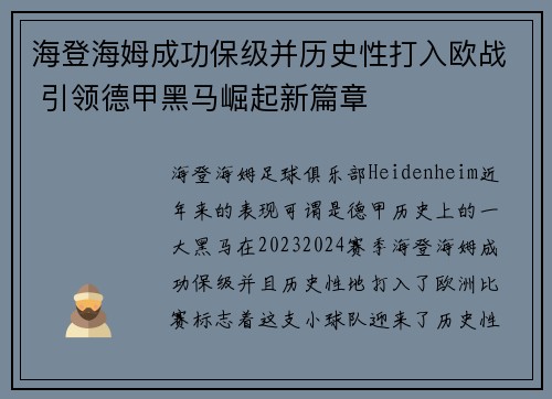 海登海姆成功保级并历史性打入欧战 引领德甲黑马崛起新篇章 海登海姆成功保级并历史性打入欧战 引领德甲黑马崛起新篇章